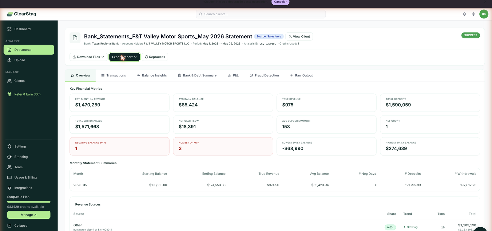 Export report menu